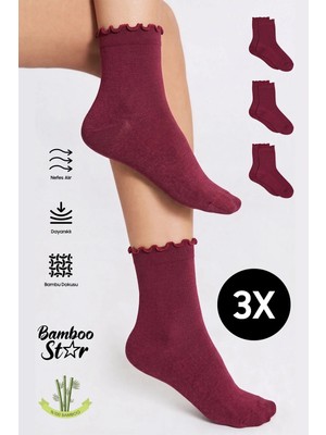 Bamboo Star Bambu Kadın Bordo Fırfırlı Lastiksiz Dikişsiz Soket 3'lü Bordo Çorap / İz Bırakmaz / Sıkmayan Çorap