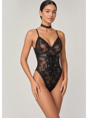 eyetis Kadın Siyah Dantel Body Önden Bağcıklı Deri GörünümlüChokerli Seksi Fantezi Teddy