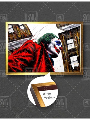 SML Tablo Şehirde Dolaşan Kırmızı Ceketli Joker Boya Sıçramaları Gotham City Yatay Çerçeveli Kanvas Tablo