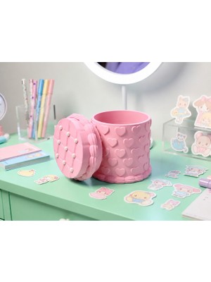 Ttt 3D Baskı Kabartma Kalp Desenli Kapaklı Kalemlik - Masaüstü Organizer - Pembe