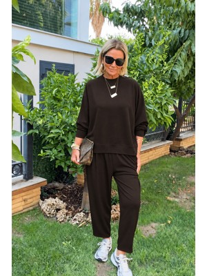 Trend Cojans Kadın Uzun Kollu Yarasa Kollu Bisiklet Yakalı Viskon Iki Iplik Bluz ve Pantolon Ikili Takım