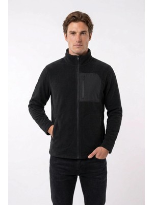 Erkek Siyah Rahat Form Tam Fermuarlı Ön Cepli Kalın Outdoor Polar Ceket