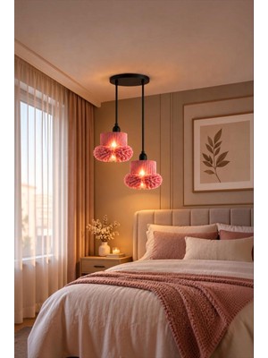 Elizim Home Lighting Alessa 2’li Tütü Avize – Siyah Tepsili Pudra Tül Başlıklı Yatak Odası- Oturma Odası- Genç Odası Dekoratif Sarkıt Avize