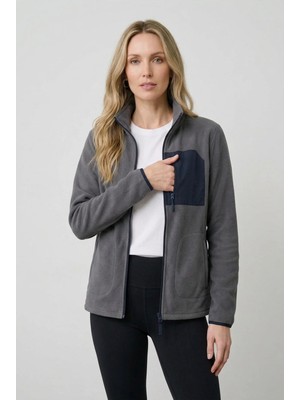 Kadın Füme Rahat Form Tam Fermuarlı Ön Cepli Kalın Outdoor Polar Ceket