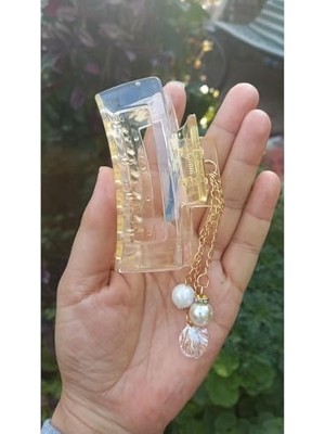 Toptan Budur Şeffaf Incili Dikdörtgen Model Sarı Renk Mandal Toka (8,5 Cm)