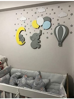 Toptan Budur Çocuk Odası Dörtlü Balon ve Ayda Uyuyan Fil Figürlü Ahşap Gece Lambası, Rengarenk