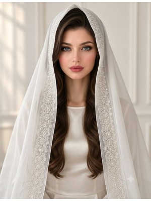 Ceylan Collection Mevlüt Örtüsü - Kırık Beyaz Boncuk Işlemeli Özel Tasarım Şifon Mevlüt Örtüsü 70×150