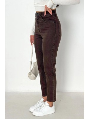 Hlt Jeans Kadın Kahverengi Mom Yüksek Bel Likralı Jean Kot Pantolon ANNA-2074
