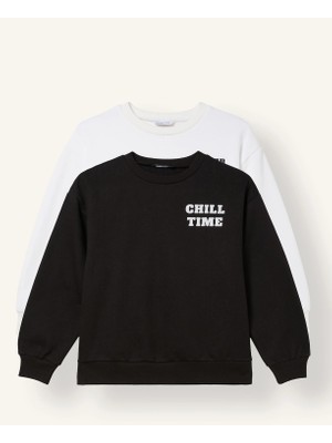 DeFacto Relaxed Fit Bisiklet Yaka Baskılı İçi Yumuşak Tüylü Kalın 2'li Sweatshirt Kız Çocuk I4894A826AU