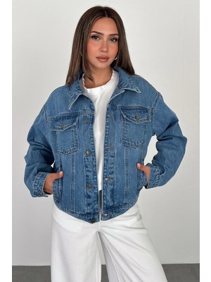 Hlt Jeans Kadın Açık Mavi Yıkamalı Oversize Beli Lastikli Düğmeli Kot Ceket (2 Beden Küçük Alın) LARA-5011