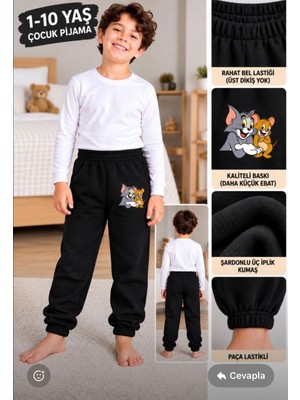 Tpn Kids Çocuk Siyah Tom ve Jerry Baskılı Üç Iplik Şardonlu Eşofman Altı / Pijama Alt