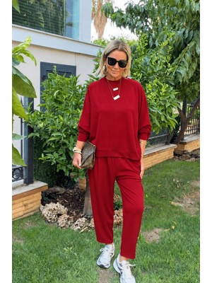 Trend Metkar Kadın Uzun Kollu Yarasa Kollu Bisiklet Yakalı Viskon Iki Iplik Bluz ve Pantolon Ikili Takım