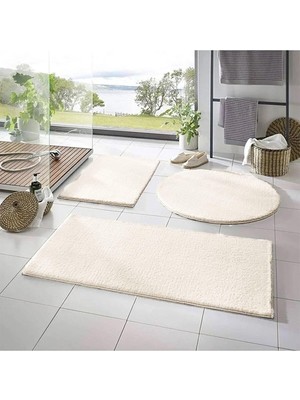 Carpet 3'lü Banyo Halısı Peluş Post Halı Klozet Takımı Krem Rengi 50X90/50X60/50X50 (Yuvarlak)