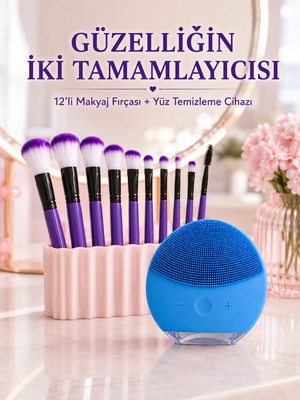 12’li Mor Makyaj Fırça Seti ve Silikon Yüz Temizleme Cihazı Ikili Makyaj ve Cilt Bakım Seti