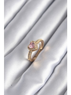 Efnaz Style Pirinç Gold Renk Pembe Zirkon Taş Kalp Charm Model Kadın Yüzük