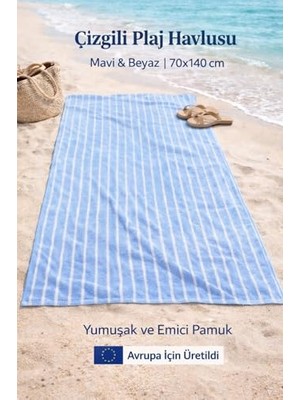 Çizgili Plaj Havlusu 70X140 cm Mavi Beyaz Pamuklu Emici Deniz ve Havuz Havlusu, Plaj_havlu2