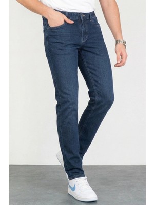 Hlt Jeans Erkek Koyu Mavi Taşlamalı Slim Fit Likralı Jean Kot Pantolon KEVEN