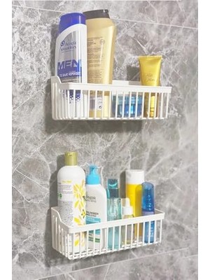 Yapışkanlı Banyo Rafı, 2'li Duş Rafı, Kanca Askılı Organizer, Plastik
