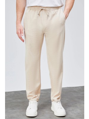 Hlt Jeans Erkek Bej Yazlık Relaxed Fit Bel Lastikli Bağcıklı Duble Paça Jogger Pantolon BOLT-1999