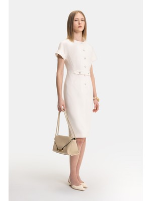Vakko Cream Short Sleeve Below-Knee Dress