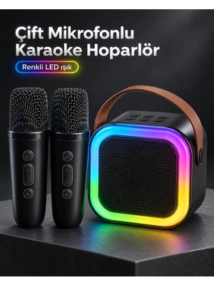 Skygo Taşıma Askılı Siyah LED Işıklı Bluetooth Hoparlör Çift Mikrofonlu Karaoke Seti
