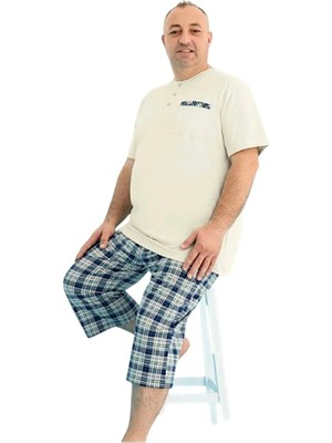 fiyakamstore Aydoğan Erkek %100 Pamuk Ekose Kareli Büyük Beden Bej  Kısa Kollu Kapri  Pijama Takımı