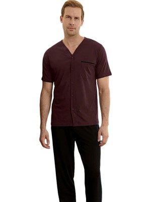 fiyakamstore Aydoğan Erkek %100 Pamuk Önden Düğmeli V Yaka Desensiz  Kısa Kollu Uzun Bacak  Pijama Takımı