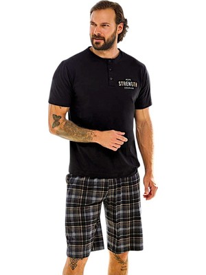 fiyakamstore Aydoğan Erkek %100 Pamuk Kısa Kol Ekose Kareli Şort Bermuda  Düz Paça Pijama Takımı