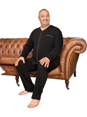 fiyakamstore Aydoğan Erkek  %100 Pamuk Önden Düğmeli  Büyük Bedensiyah  Uzun Kollu Düz Paça  Pijama Takımı