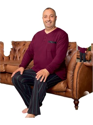 fiyakamstore Aydoğan Erkek  Çizgili Büyük Beden Bordo Uzun Kollu Düz Paça  Pijama Takımı