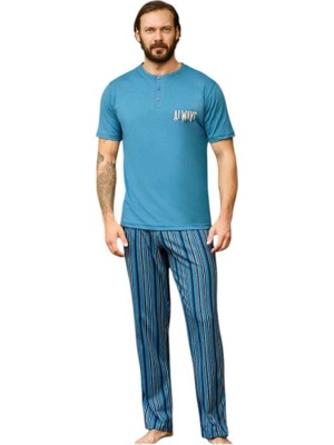 fiyakamstore Aydoğan Erkek %100 Pamuk Kısa Kol Lacivert Düz Paça Pijama Takımı