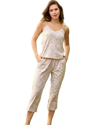 fiyakamstore Aydoğan Kadın Bej %95 Pamuk %5 Esnek Ip Askılı Kapri Desenli Kol Pijama Takımı