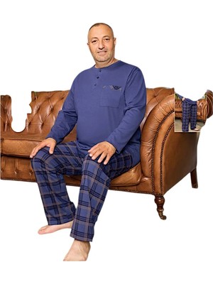 fiyakamstore Aydoğan Erkek  Ekose Kareli Büyük Beden Lacivert Mavi Uzun Kollu Düz Paça  Pijama Takımı