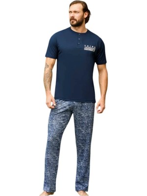 fiyakamstore Aydoğan Erkek %100 Pamuk Kısa Kol Lacivert Düz Paça Pijama Takımı