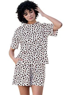 fiyakamstore Aydoğan Kadın %100 Pamuk Leopar Desenli Krem Kısa Kollu Şortlu  Pijama Takımı