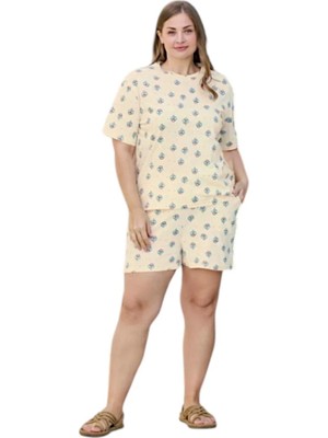 fiyakamstore Aydoğan Kadın %100 Pamuk Dondurma Desenli Büyük Beden Sarı  Kısa Kollu Şortlu  Pijama Takımı
