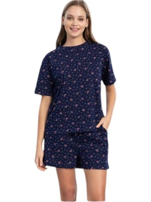 fiyakamstore Aydoğan Kadın %100 Pamuk  Desenli Büyük Beden Lacivert  Kısa Kollu Şortlu  Pijama Takımı