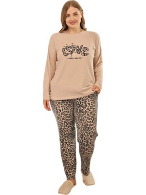 fiyakamstore Aydoğan Kadın Bej Leopar Desenli Büyük Beden Termal Pijama Takımı