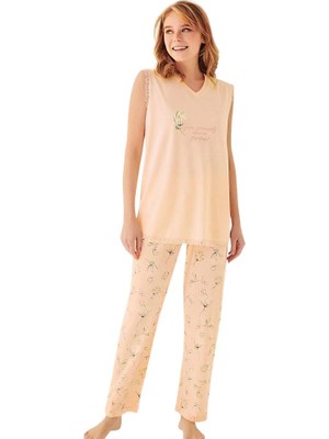 fiyakamstore Aydoğan Kadın %50 Pamuk %50 Lyocell  V Yaka S Çiçek Desenli Turuncu Somon Sıfır  Kol Pijama Takımı
