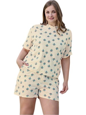 fiyakamstore Aydoğan Kadın %100 Pamuk Dondurma Desenli Büyük Beden Sarı  Kısa Kollu Şortlu  Pijama Takımı