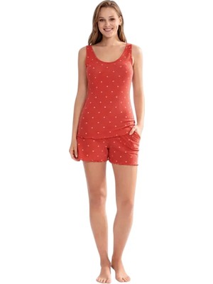 fiyakamstore Aydoğan Kadın %95 Viskon %5 Esnek Kalın Askılı Şortlu Puantiyeli Kırmızı Kiremit  Pijama Takımı