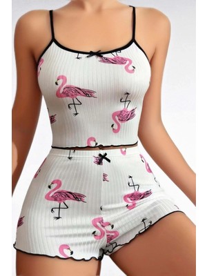 Herşey Trend Herşeytrend  Pamuklu Beyaz Üstüne Pelikan Desen Fitilli Askılı Şortlu Pijama Takımı