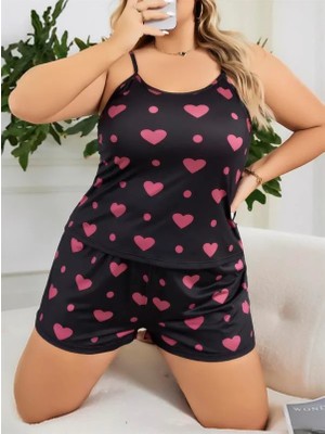 Aria's Closet  Büyük Beden Siyah Kalp Desen Ince Askılı Pamuklu Şortlu Pijama Takımı - SHN5A2565-2081