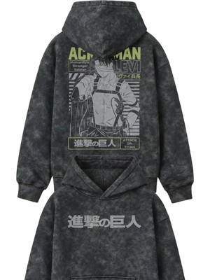 Fuddy Moda Oversize Levi Sırt Baskılı Kapüşonlu Yıkamalı Sweatshirt, Unisex Attack On Titan Anime Retro Hoodie