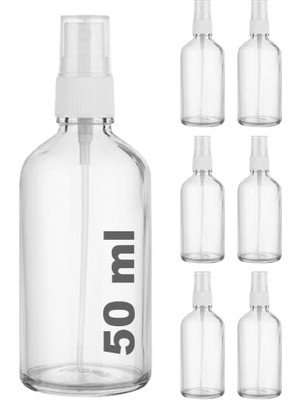 Toptan Budur 50 ml Beyaz Spreyli Şeffaf Cam Şişe 50 cc Sızdırmaz Kapaklı Fısfıs Beyaz Cam Şişe 6 Adet