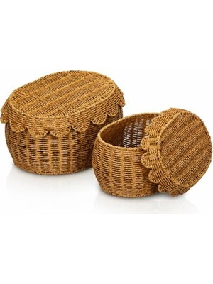 2'li Rattan Sepet Organizer Kapaklı Hasır Saklama Sepeti Seti Dekoratif Çok Amaçlı Düzenleyici Sepet Büyük ve Küçük Boy