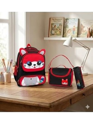 Str Store Sevimli Kedi Ilkokul Çanta Seti Kırmızı Unisex