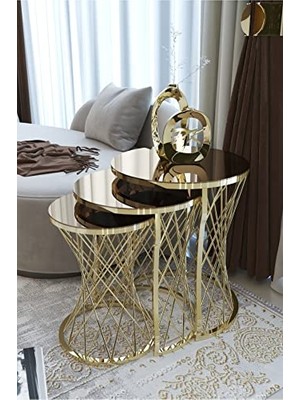 Toptan Budur Puklife Hasır 3'lü Zigon Sehpa Gold-Bronz (Gold Nikel)