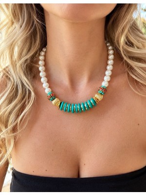 Fem Bijoux Kadın Doğal Inci ve Turkuaz Taşlı Altın Detaylı Kolye - Özel Tasarım Etnik Şık Kadın Takı