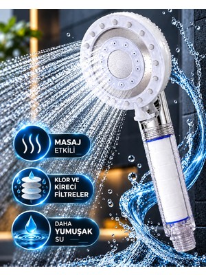 Str Store Filtreli Duş Başlığı 5 Fonksiyonlu Masaj Etkili Klor ve Kireç Filtreli Beyaz Duş Başlığı